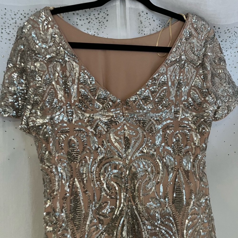 R&M Richards Silver Sequin on Nude Cocktail Mini Dress - Picture 3 of 4